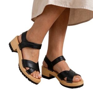 Swedish Hasbeens Leather Platform Sandals Wood Clog Heel Adjustable Velcro